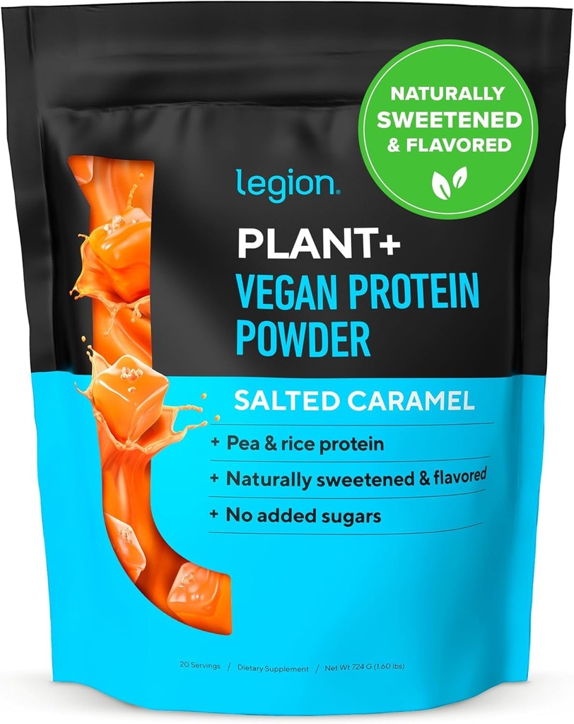 LÉGION Plant+ Poudre de protéines végétales, riz et pois, mélange de protéines à base végétale. Sans gluten, sans OGM, naturellement sucré et aromatisé, 20 portions, 2 lbs (caramel salé)