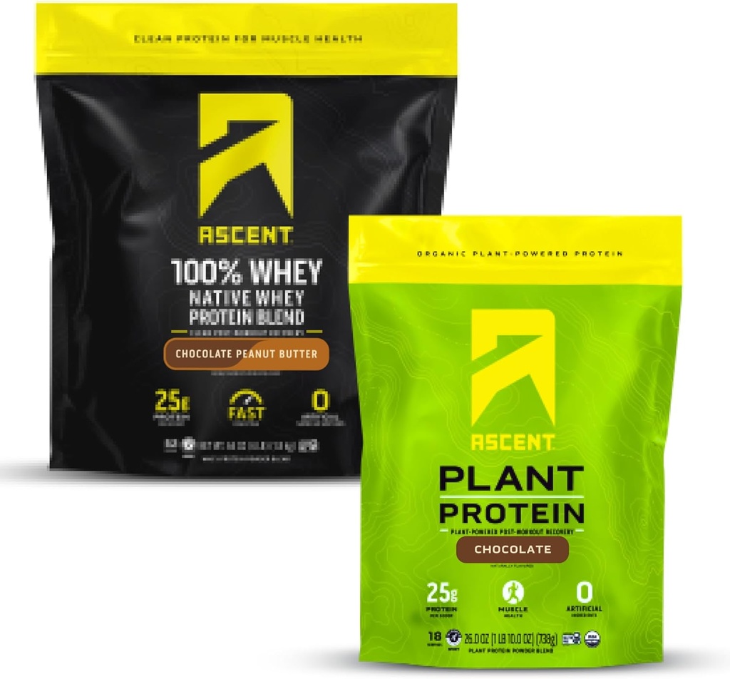 Ascent Whey + poudre de protéines végétales - beurre d'arachide au chocolat 4 lb et chocolat 18 portions