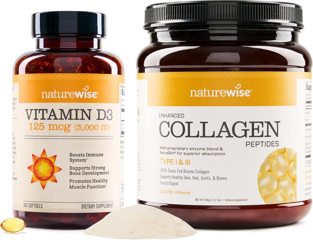 NatureWise Vitamin D3 5000iu (125 mcg) 1 anno di fornitura per la funzione muscolare sana Peptidi di collagene potenziati (45 Serve) - Tipo I & III idrolizzato
