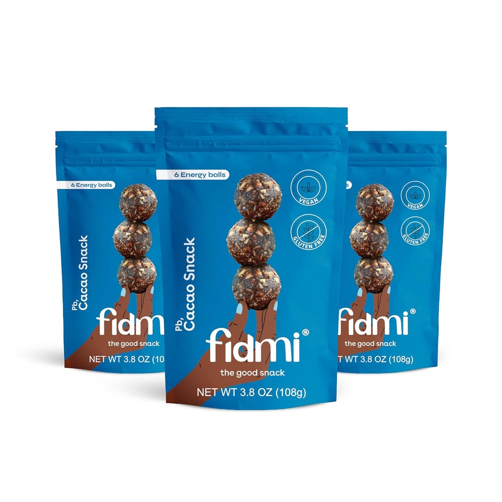 Fidmi Snack Protein Energy Balls Cacao | VEGAN – Glutenfrei – Pflanzenbasiert – Superfood (Cacao) - Alle natürlichen Inhaltsstoffe - Snack Size Bites 3.8 oz (3 Zählung)