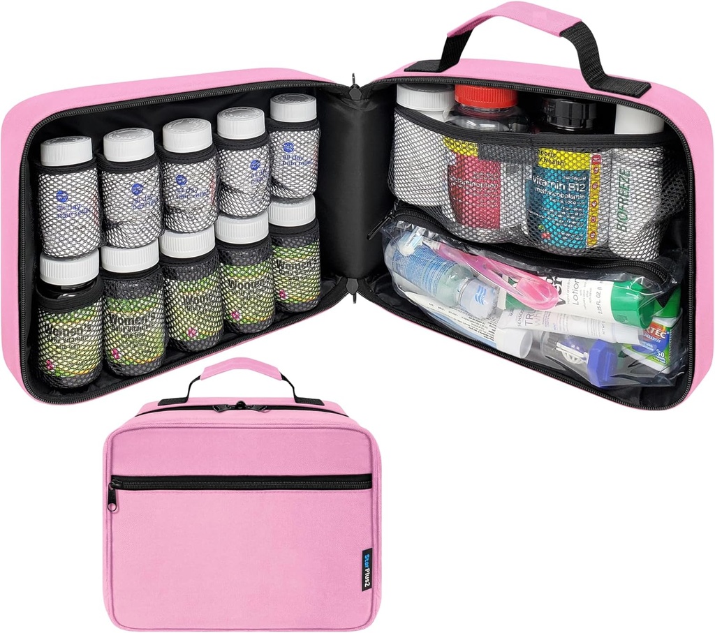 Große gepolsterte Pillen Flasche Organizer, Medizin Tasche, Case, Träger für Medikamente, Vitamine und medizinische Versorgung - Reisemedizin Organizer und Home Storage Med Bag - Pink (Ohne Schloss)