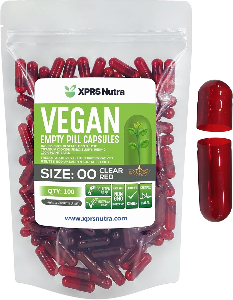 XPRS Nutra Größe 00 Leere Kapseln - 100 Zähler leere vegane Kapseln - Vegetarische leere Pillen - DIY Gemüse Kapsel Füllung- Veggie Pillen Caps (Clear Red)