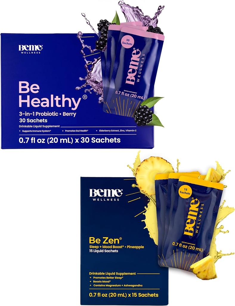 BeMe BeHealthy & BeZen Bundle - Flüssige Probiotika & Magnesium Glycinate L-Theanin Ergänzungen