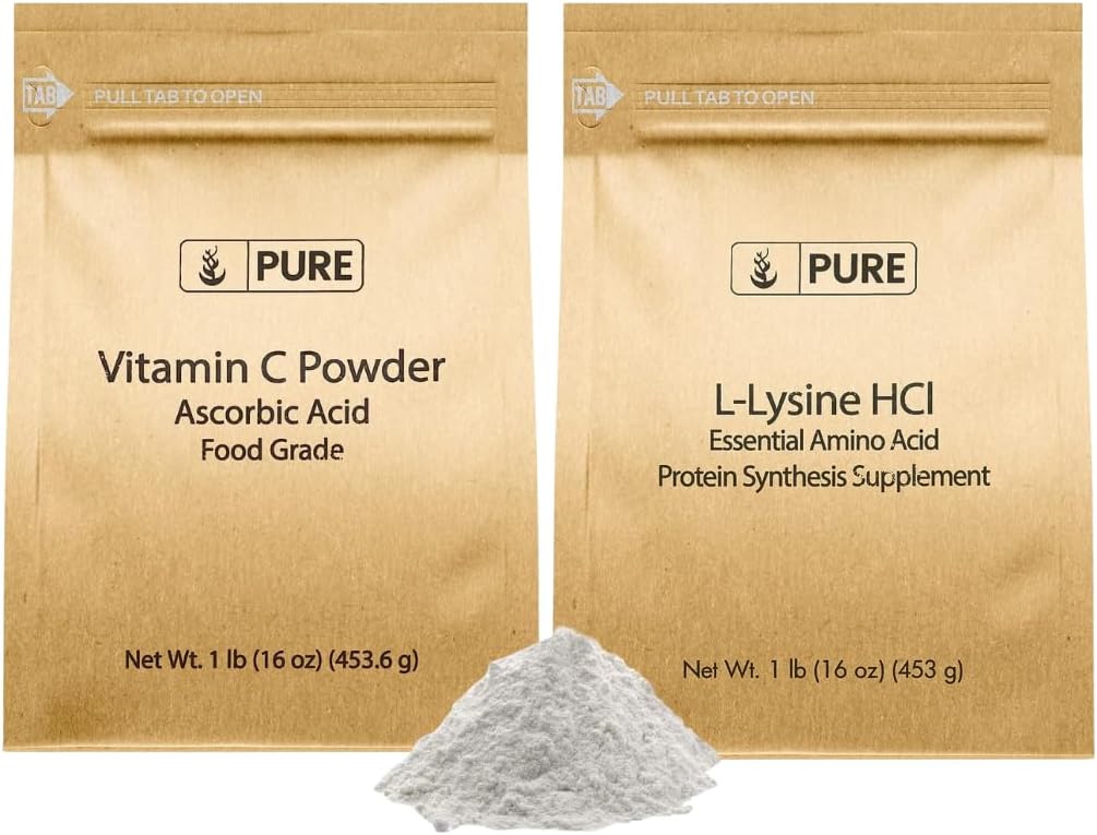 PURE ORIGINAL INGREDIENTI L-Lysine HCI e Vitamn C Polvere Bundle, 1 lb Ogni, Non OGM, Gluten Free, Integratori Dietetici