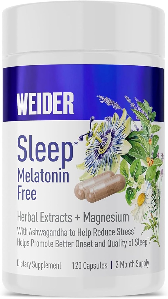 Weider Melatonin Free Sleep Aid Supplement mit KSM-66 Ashwagandha, Magnesium, Lavender, Lemon Balm, Kamille, Valerian und Passionflower Extracts, Hormon & Drug-frei, Non-Habit Forming, 120ct