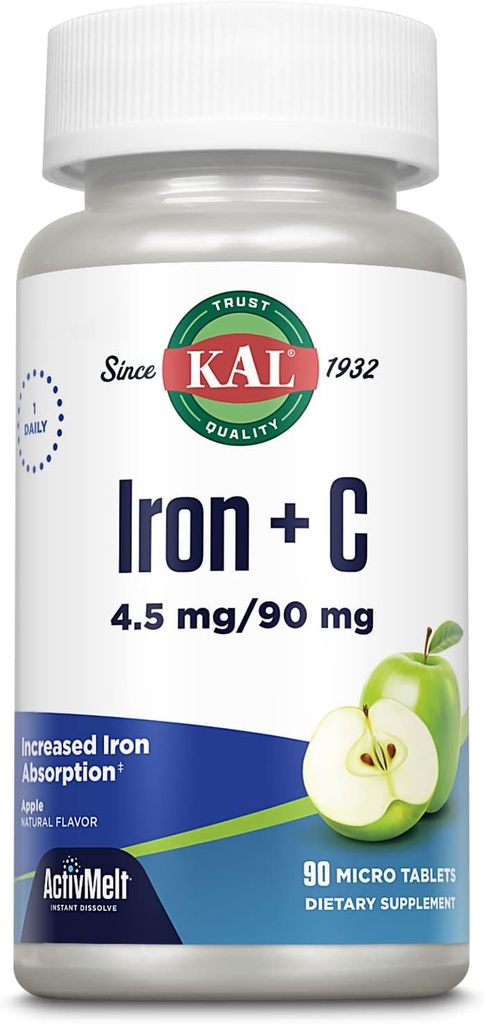 KAL Fer C, 90 comprimés, 4,5 mg/90 mg, saveur de pomme naturelle, pilules de fer à absorption accrue, soutien immunitaire