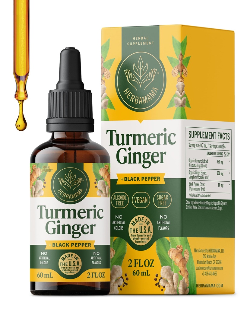 HERBAMAMA Turmeric Curcumin and Ginger Supplement - Vegan Immunmischung mit flüssigem Ginger Root,Turmeric & Black Pepper Extract - Non-GMO, Alkohol & Zuckerfreie Immunität Tropfen