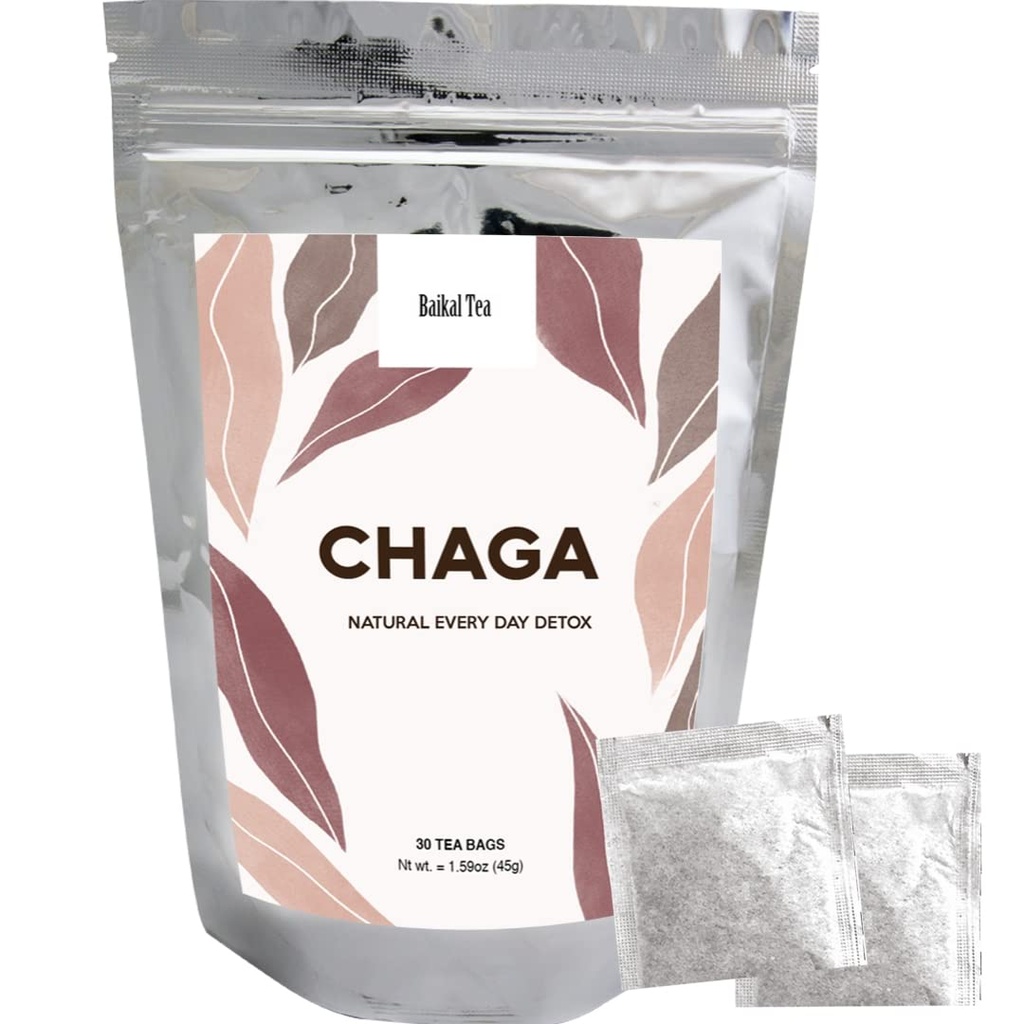 Chaga Tea - 100% Wild Siberian Birch Chaga Mushroom - Organic - 30 Sacchetti di tè non sbiancati - Pure No Additivi - Natural Detox e Digestive Support - Hand-Picked by Baikal Tea