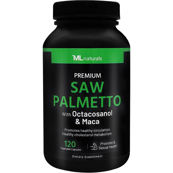 ML Naturals Saw Palmetto 1000 mg 120 Capsules Vegan. 3 en 1. Qualité Premium avec Octacosanol et Maca. Prostate, Santé urinaire, Santé circulatoire, Energisant naturel, Certifié NSF et conforme aux GMPc