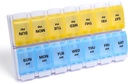 Sukuos AM PM Weekly Pill Organizer 7 giorno, 2 volte A Day Medicine Pill Box con Easy Push Button, BPA Free Vitamin Case per Fish Oil/Supplements, Facile da pulire (Yellow&Blue)