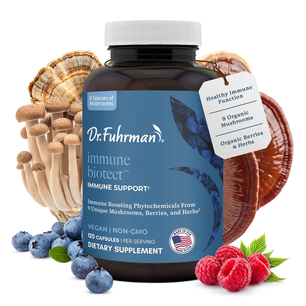 Dr. Fuhrman All Natural Immune Support Supplement | Whole-Food Derived Vitamin for Immunity Defense | Organic Mushrooms, & Berries | Organic Lion’s Mane, Maitake, Reishi, and Elderberry | 120 Caps