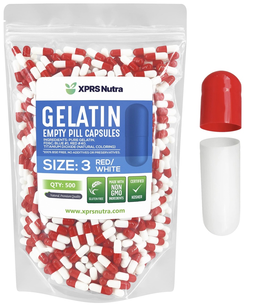 XPRS Nutra Size 3 capsule vuote - 500 conta capsule Gelatin vuote - pillole DIY Capsule Filling - Pure Bovine Pill Gel Caps per Do-It-Yourself Supplements (rosso/bianco)