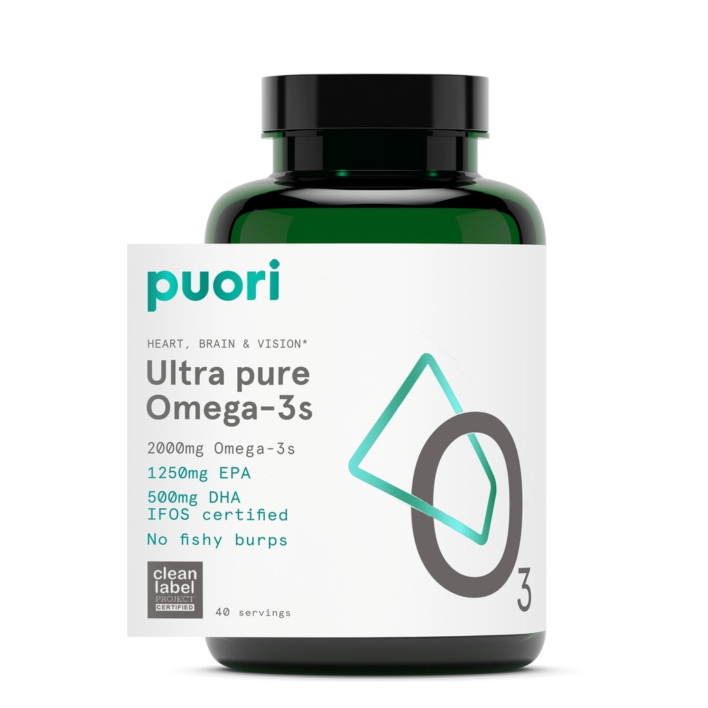 Puori Omega 3 Fish Oil Supplement - Ultra Pure & Burpless Wild Caught Fish Oil mit 2000mg Omega 3 Fettsäuren,1250mg EPA & 500mg DHA unterstützt Herz, Gehirn & Augengesundheit - IFOS Certified - 120 Softgels
