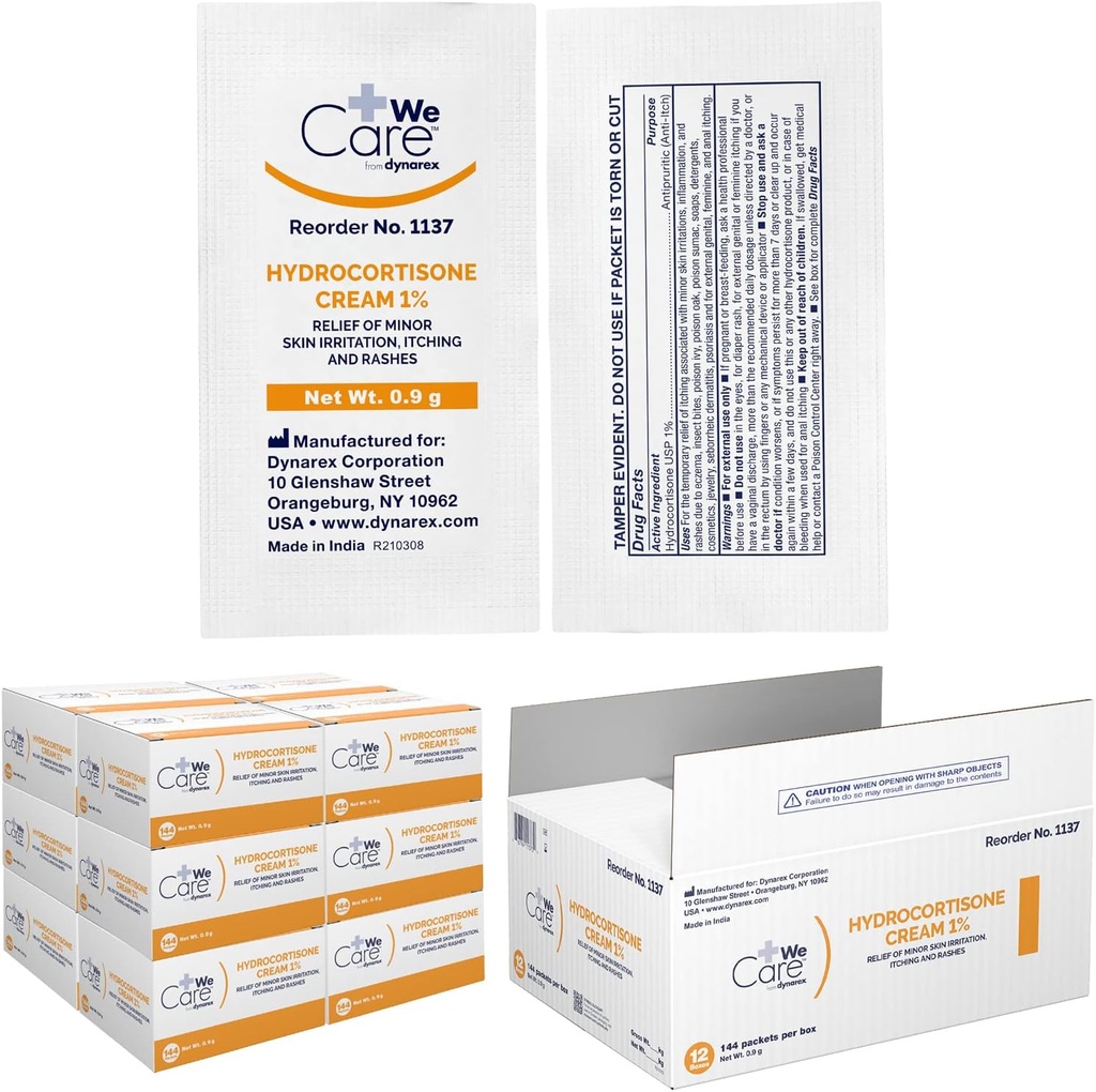 Crema di idrocortisone di Dynarex - Unguento Topical Anti-Itch per il sollievo temporaneo del prurito della pelle minore, Rash, Irritazione - portatile, facile da applicare, per uso esterno solo - .9g Packet