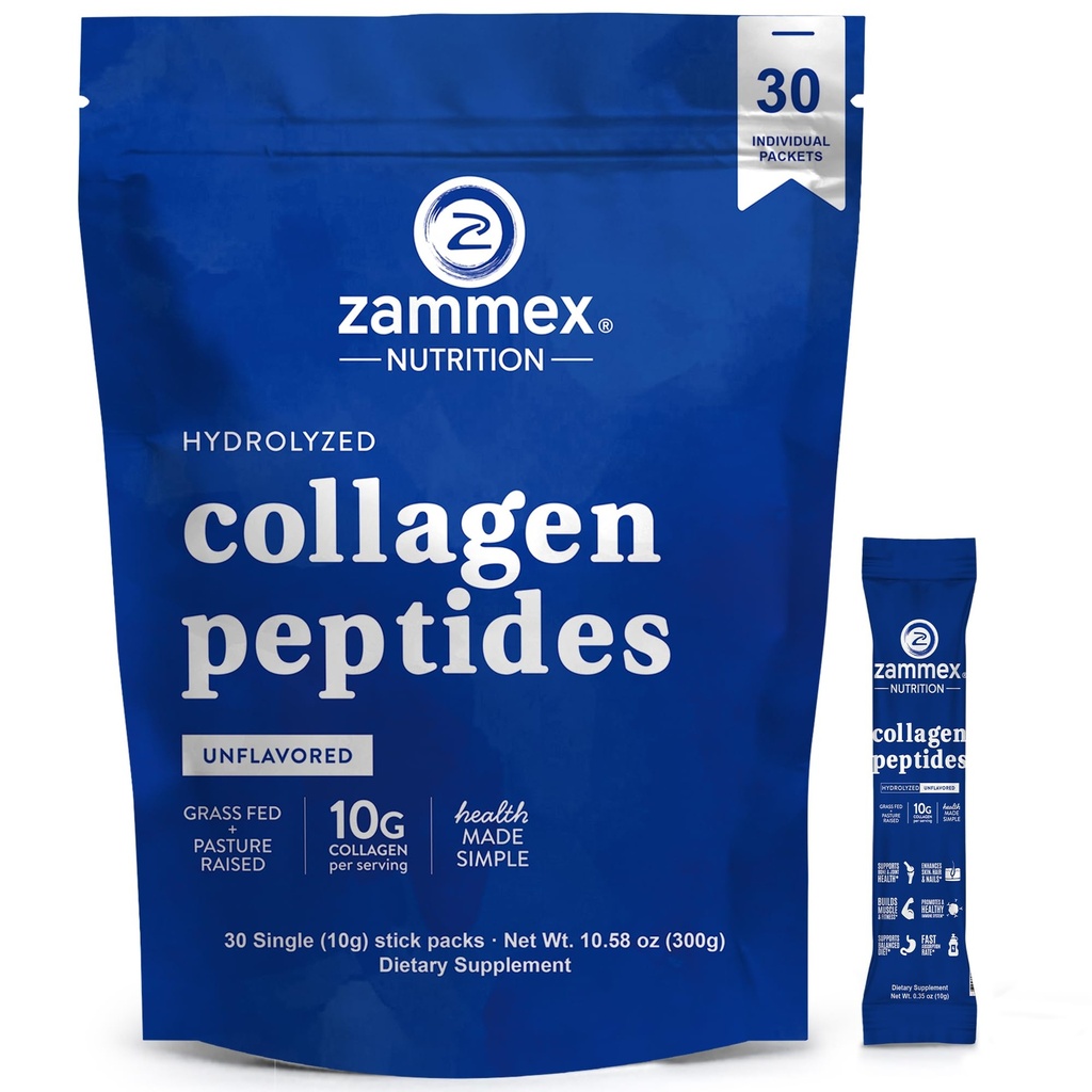 Polvere di peptidi di collagene Premium, 30 pacchetti di viaggio di Sticks (Tipo I, III), polvere di proteine di collagene non aromatizzata per andare, Peptidi di collagene idrolizzati per l'unghia di capelli della pelle, 10g per porzione, Paleo & Keto
