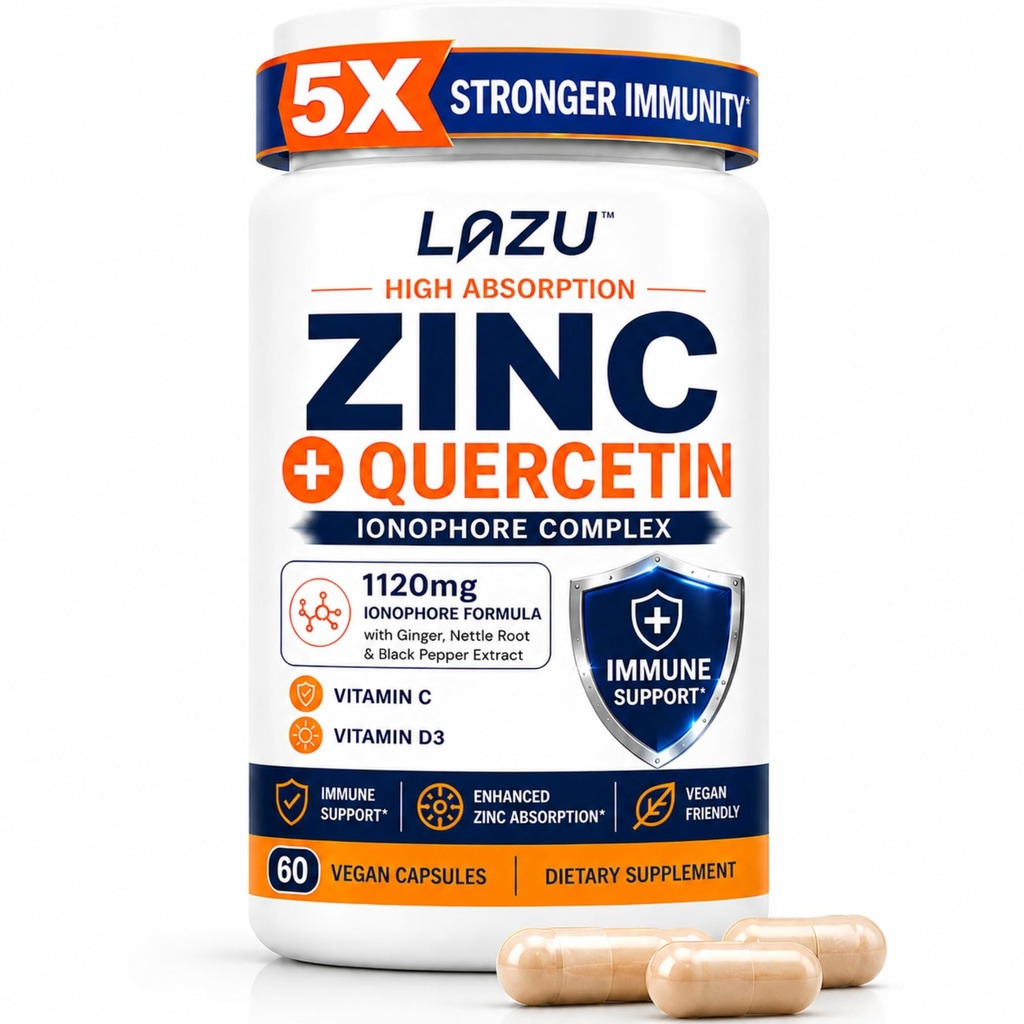Lazu Virocin - Integratore di zinco - Zinco Ionophore | Zinco, Vitamina C, Vitamina D3 | Supporto immunitario potenziato e Assorbimento Rapido | 60 capsule