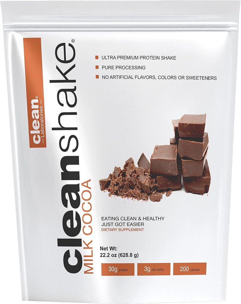 CleanShake Ultra-Premium Protein Shake. Agitare la polvere proteica pulita con 21 ingredienti biologici, 23 vitamine e minerali, e non OGM e RGBH-Free Grass Fed Whey Protein. Certificato di proteine informato.