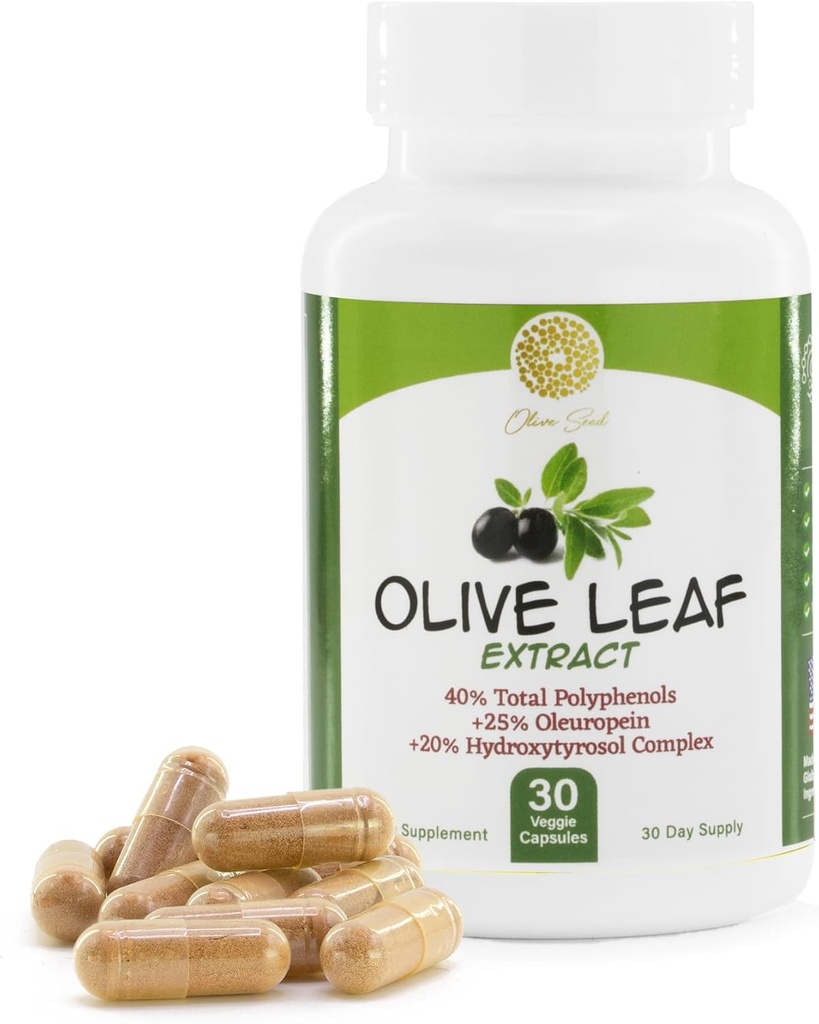 Extrait de feuille d'olive - 500mg - Supplément normalisé à 25% Oleuropein - 20% Hydroxytyrosol - 40% Polyphénols - Non-OGM + Sans gluten + Sans lait + Sans soja + Vegan (30 Capsules)