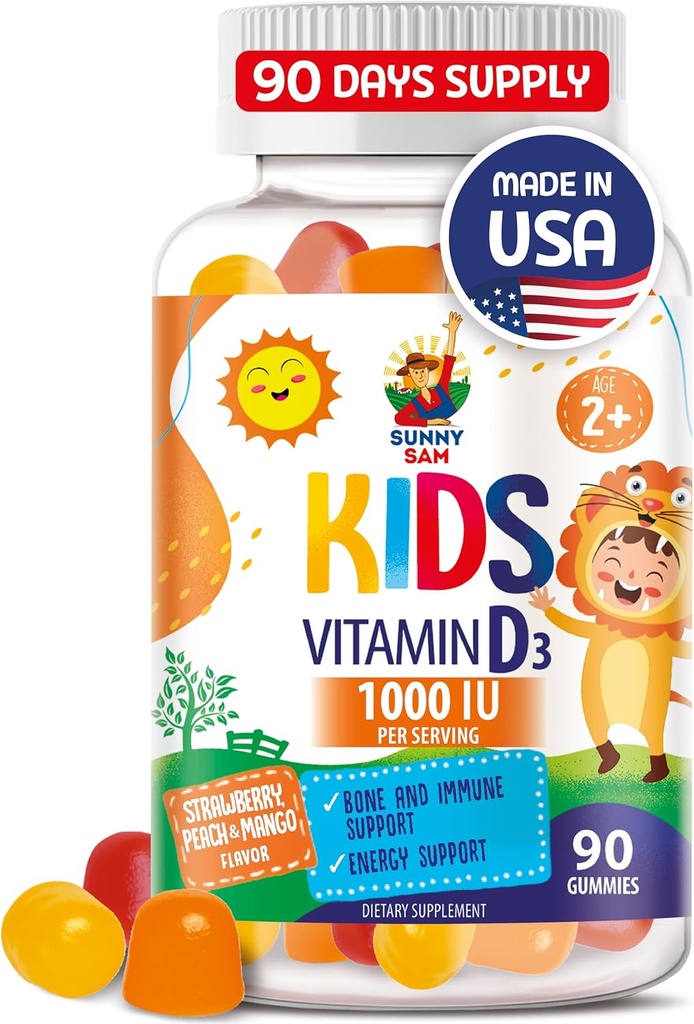 SUNNY SAM Vitamin D3 Gummie 1000 IU für Kinder & Erwachsene - Immununterstützung Kauen mit natürlichem Geschmack - Vegetarisch, Gelatin-freie Immununterstützung Vitamine für Kinder