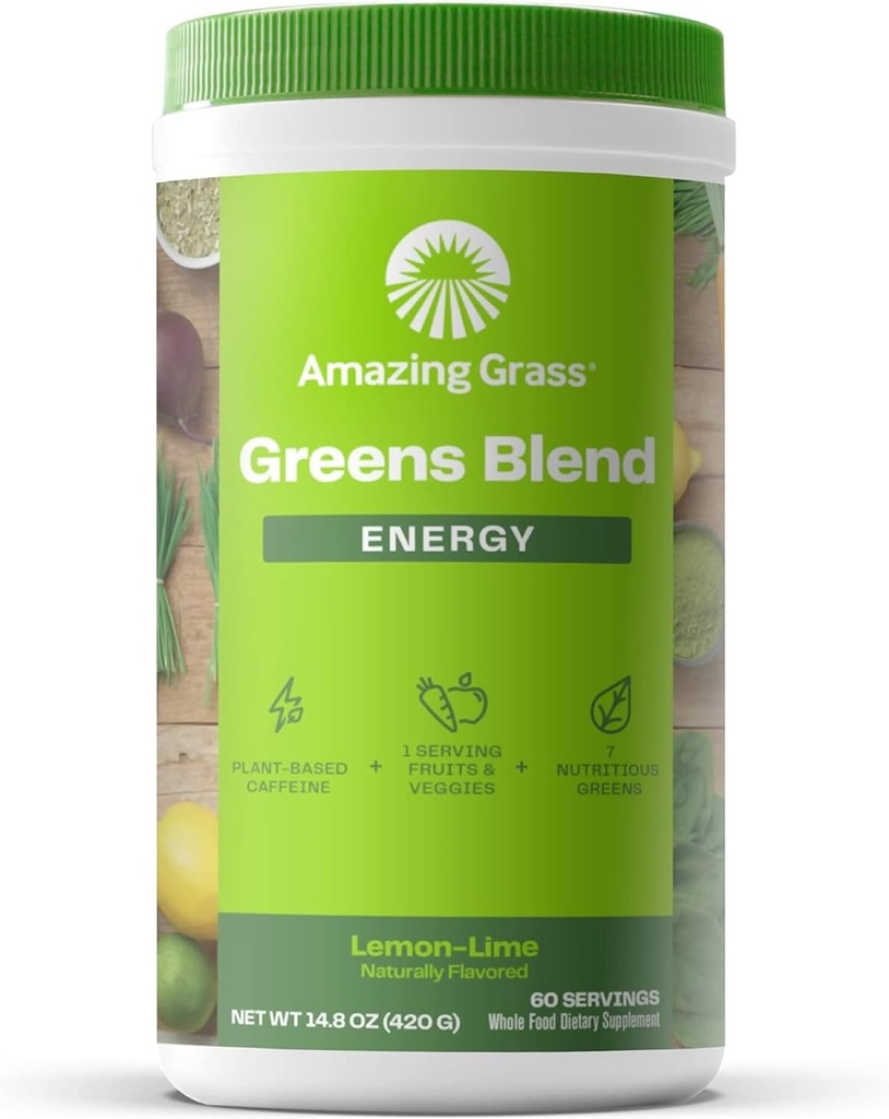 Amazing Grass Greens Blend Energy: Smoothie Mix, Super Greens Poudre et caféine végétale avec Matcha Green Tea & Beet Root Powder, Citron Lime, 60 portions (Packaging May Vary)