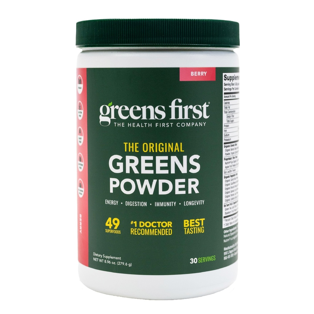 Greens First Original Greens Powder - 49 Superfoods - Fruits et légumes biologiques - Prébiotiques, probiotiques et enzymes digestives - Smoothie antioxydant - Sans lait, végétalien et non-OGM (Berry, 30 portions)