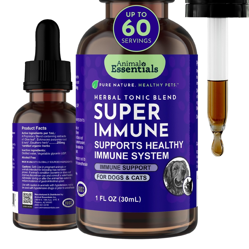 Animal Essentials Super Immune für Hunde & Katzen - Immunsystem Support Supplement, Echinacea, Eleuthero, Olivenblatt Extrakt, Flüssigkeitstropfen - 1 Fl Oz
