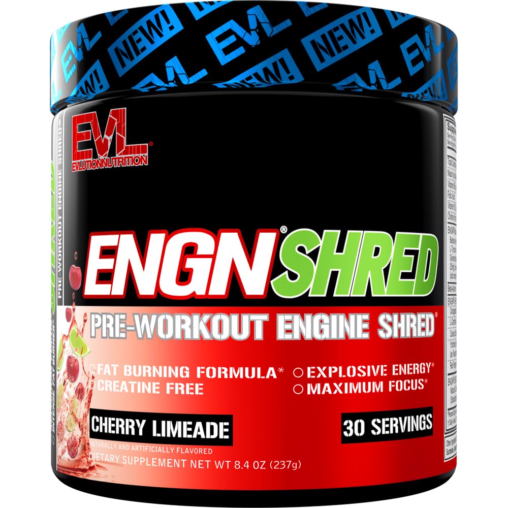 EVL Ultimate Pre Workout Powder - Thermogenic Fat Burner Preworkout Powder Drink for Last Energy Focus and Stamina - ENGN Shred Intense Fat Burning Creatine Free Preworkout Drink - Cherry Limeade