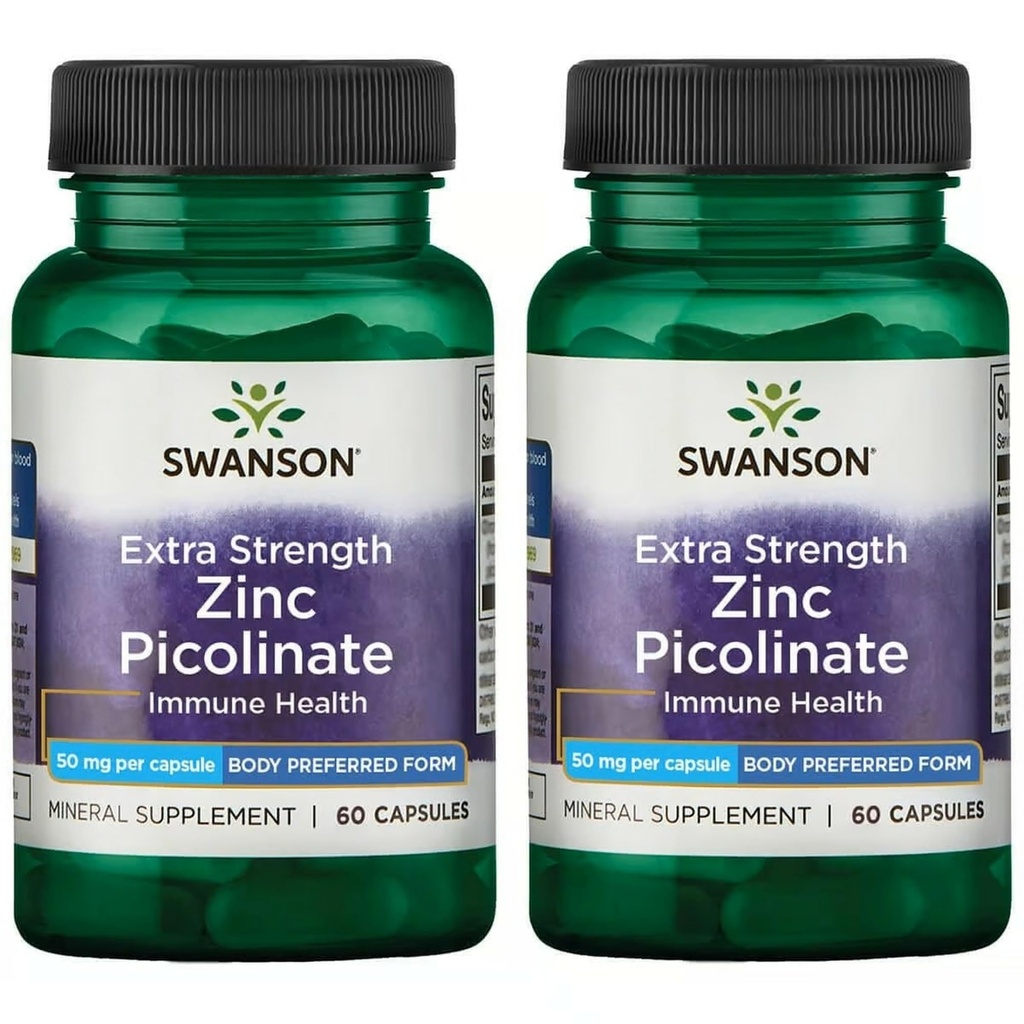 Swanson Premium Brand Extra Strength Zinc Picolinate - Body Preferred Form Immune Health Capsules - 50 mg per capsule - 60 Capsules, Pack of 2