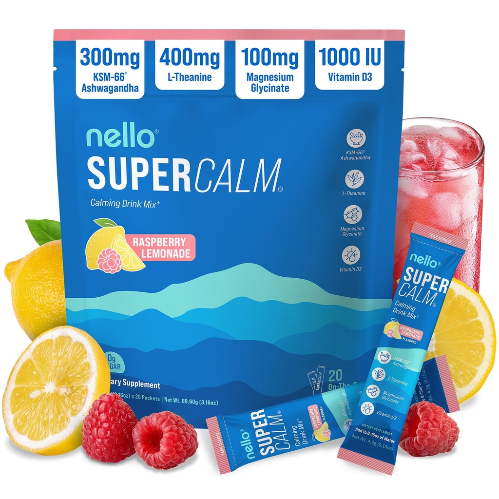 Nello Supercalm Powdered Drink Mix, Raspberry Lemonade, L Theanine, Ksm-66 Ashwagandha, Magnésium Glycinate, Vitamine D 3, Suppléments pour la relaxation et la concentration, Pas de sucre, Non OGM, En route, 20 Ct