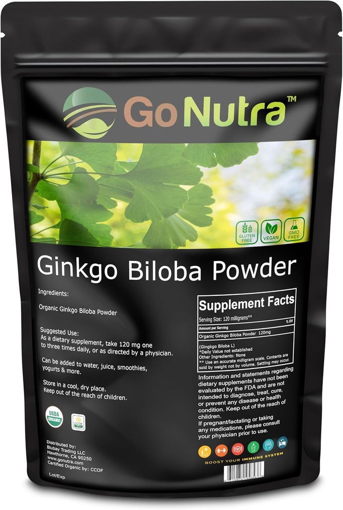 Go Nutra Organic Ginkgo Biloba Polvere 8 oz. | Pure Ginkgo Biloba Supplementi, Ginkgo Leaf Powder, (8oz.)
