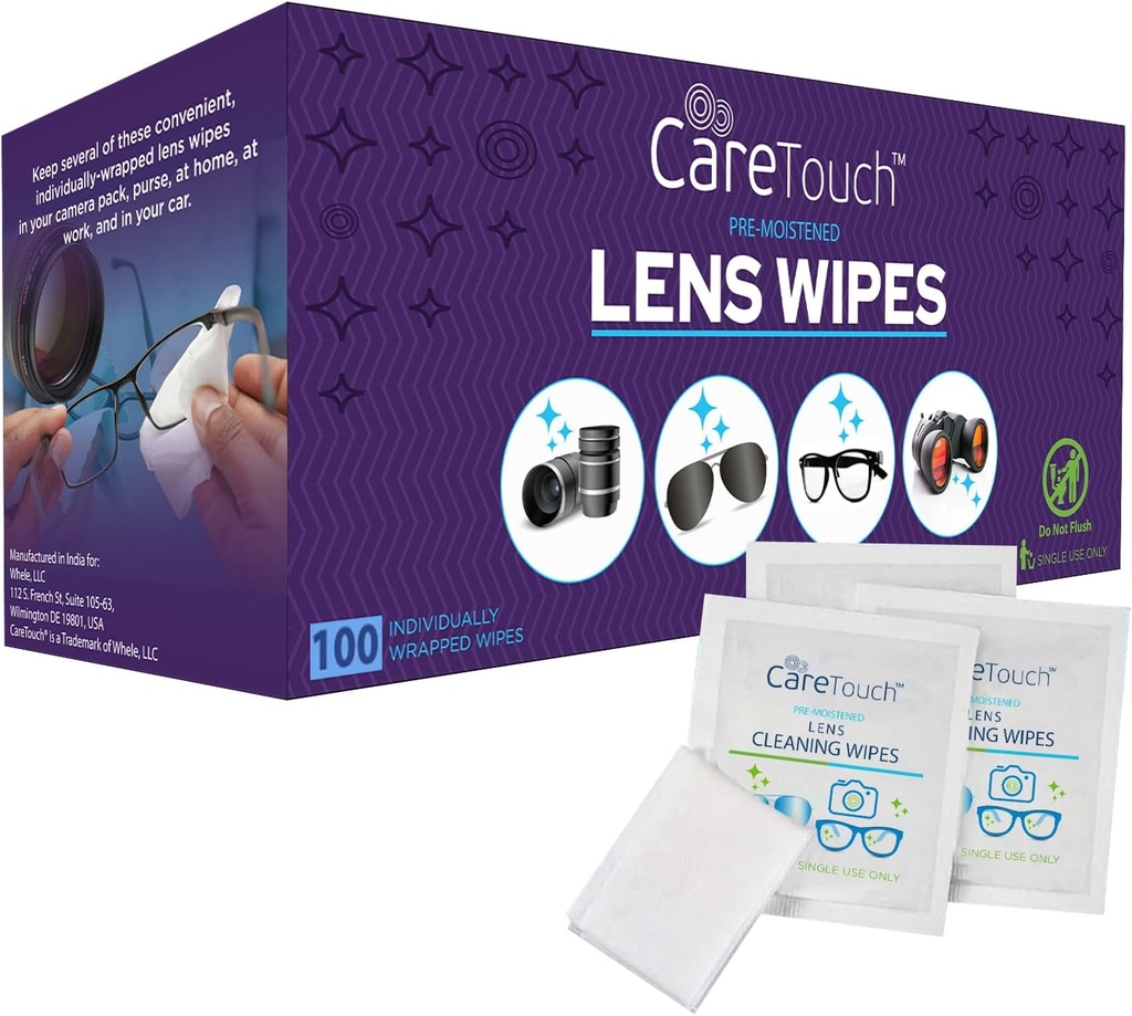 Care Touch Lens Wipes für Brillen- 100 Count Individuell Wrapped Pre- Moistened Wipes, 5 x 6 Zoll-Kamera Objektive, Sonnenbrillen und Gläser Reiniger,- Gentle und Portable für die Reinigung von optischen Geräten