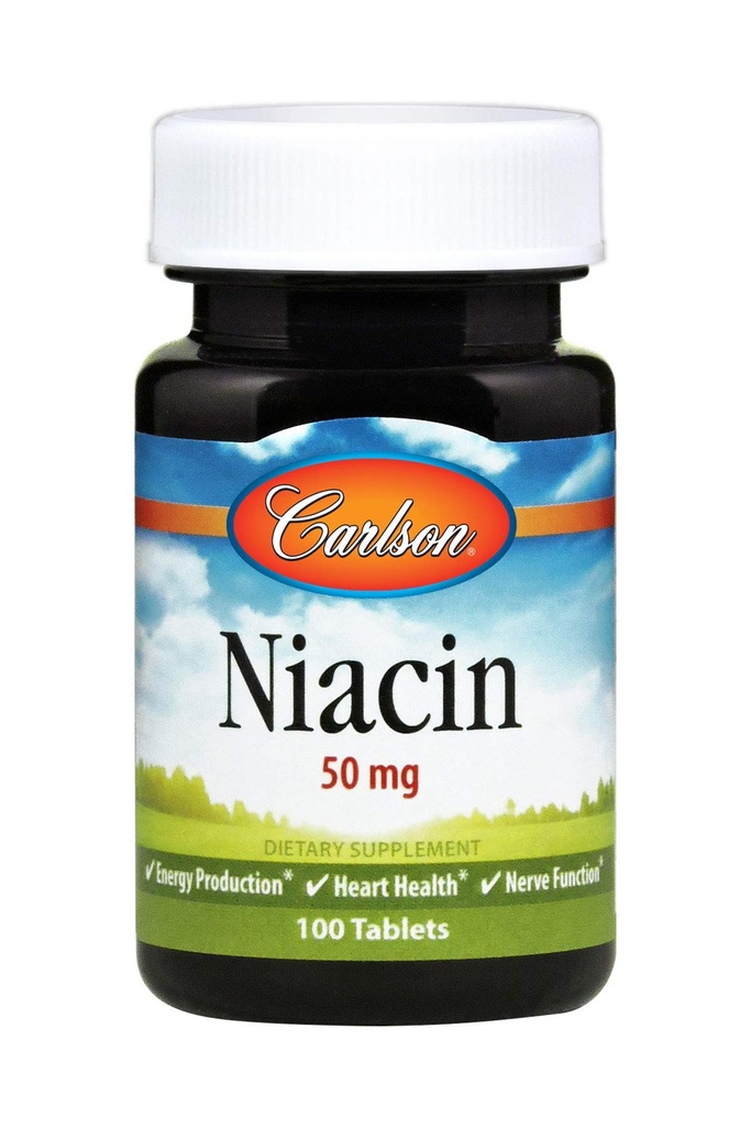 Carlson - Niacine, 50 mg, soutient le métabolisme du cholestérol, la production d'énergie, la santé cardiaque, la fonction nerveuse, 100 comprimés