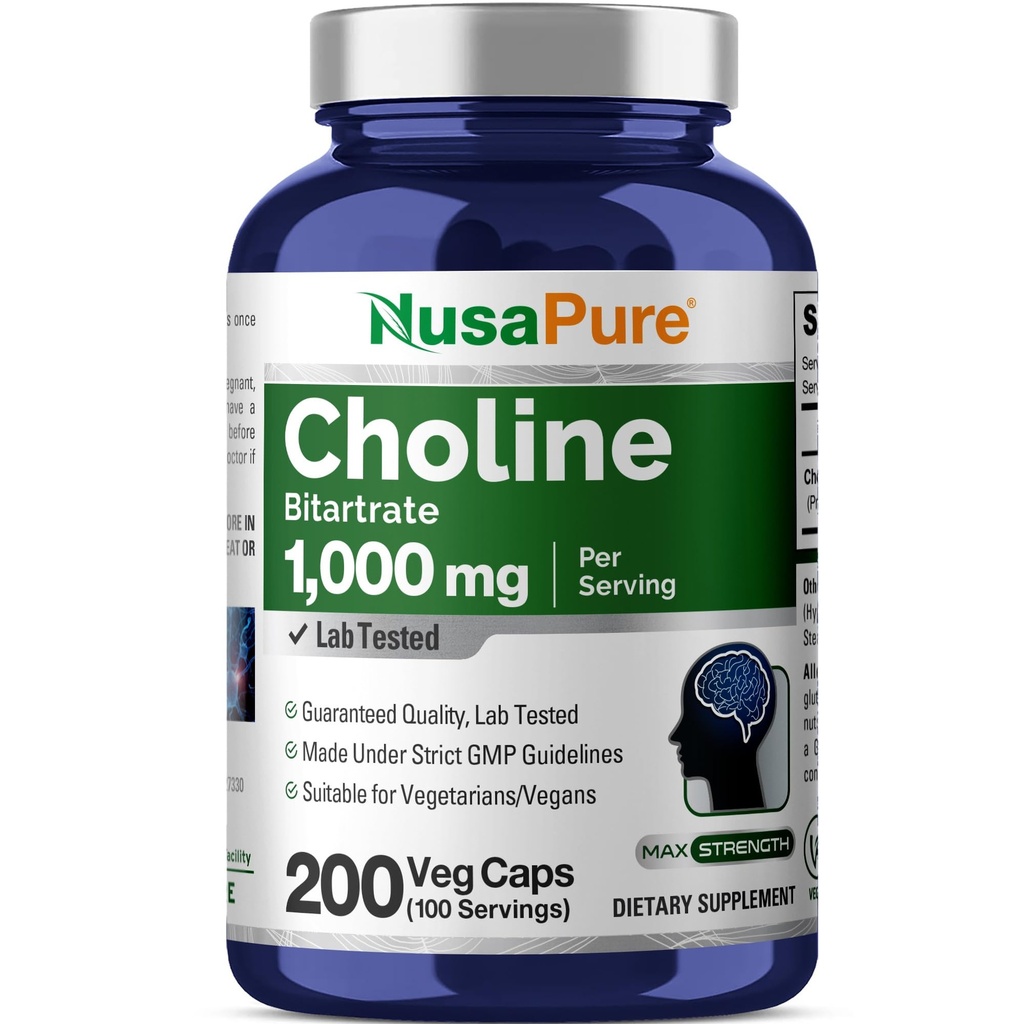 NusaPure Choline Bitartrate 1000 mg 200 Veggie Kapseln (Vegan Vegetarisch, Non-GMO)
