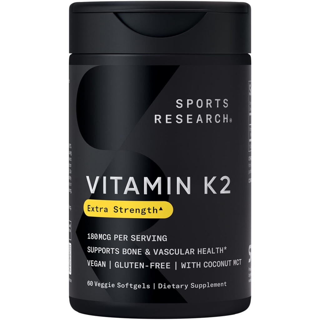 Recherche sportive Vitamine K2 MK7 180mcg à l'huile de coco - 60 softgels veggie - Vegan certifié, non-OGM vérifié et sans gluten