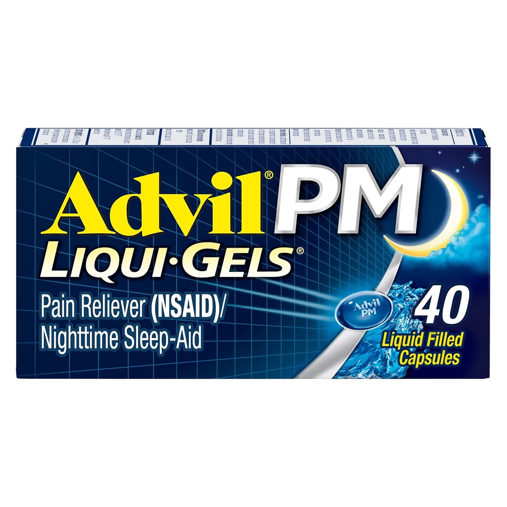 Advil PM Liqui-Gels Schmerzlinderung und Nacht Schlafhilfe, Schmerzmedizin mit Ibuprofen für Schmerzlinderung und Diphenhydramin HCL für eine Schlafhilfe - 40 flüssige gefüllte Kapseln - zurück zum College