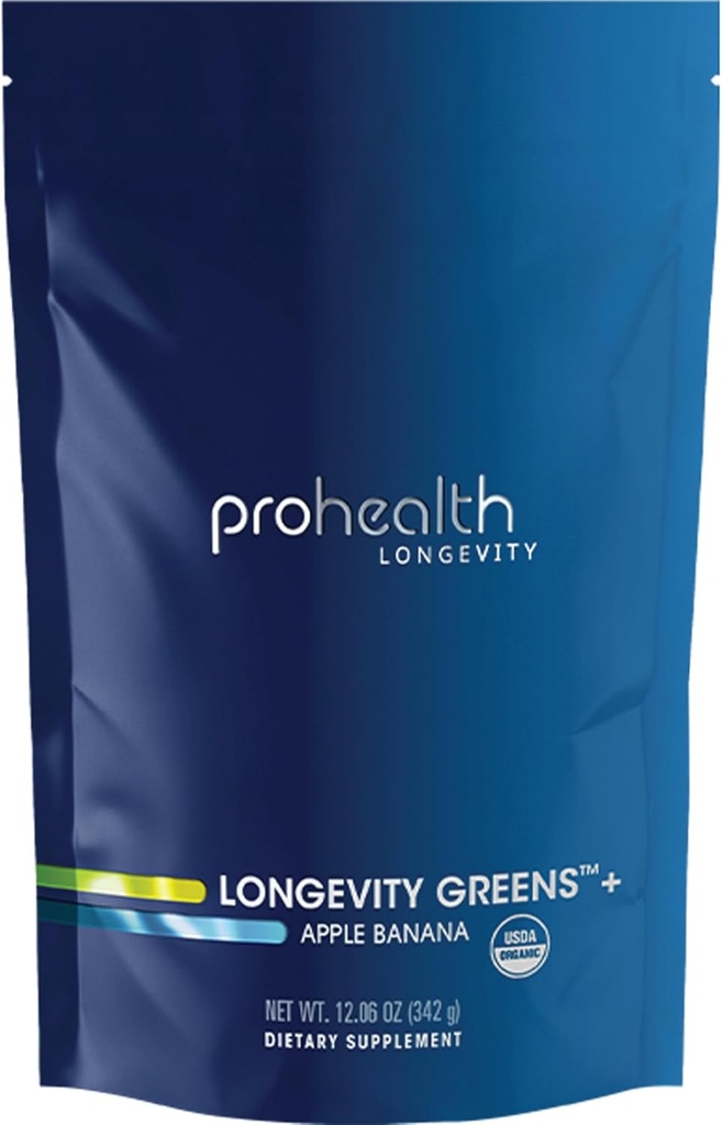 ProHealth Longevity Greens. Polvere sana organica deliziosa per l'energia e l'invecchiamento. Enzimi digestivi della salute del fegato, vitamina multi, pre-probiotici, fibra di avena, inulina. Certificato GMP. 30 Serve