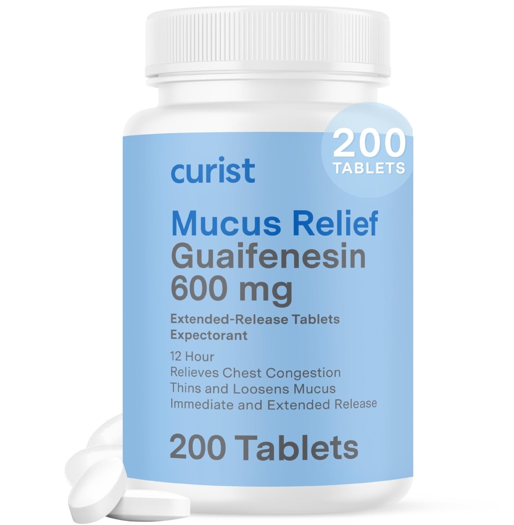 Curist Guaifenesin 600 mg Extended Release Tablets (200 compresse senza dita) - Expectorant Mucus Relief, Guaifenesin Generico 600 mg, (Bulk Pack)