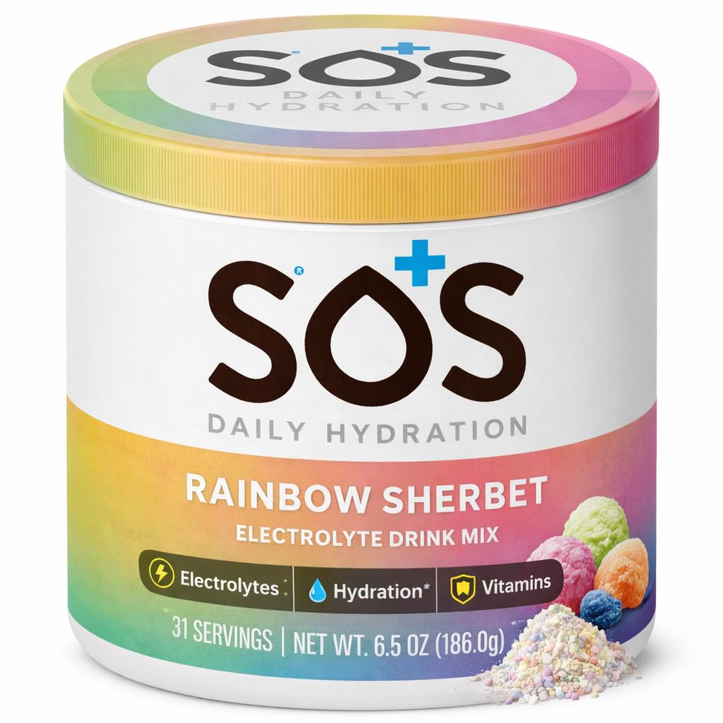 SOS Hydration Electrolyte Powder Drink Mix | 31 Serve | Low Sugar | 15 Calorie | Keto-Friendly & Rapid Rehydration | Rainbow Sherbert