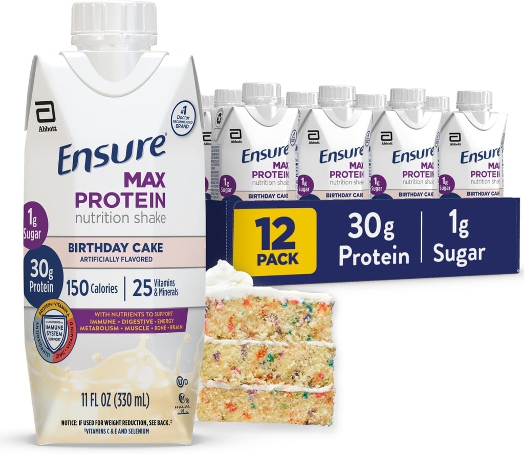 S'assurer que Max Protein Shake (Cake d'anniversaire) prêt à boire 30g Protéines pour la santé musculaire 1g Sucre, 4g Fibre