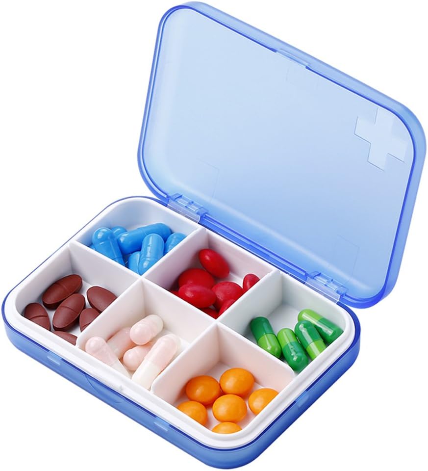 Portable Pill Organizer - Slim Pill Box für Geldbörse oder Reise, Kompakte Pille Case(6 Kompartment, Blau)