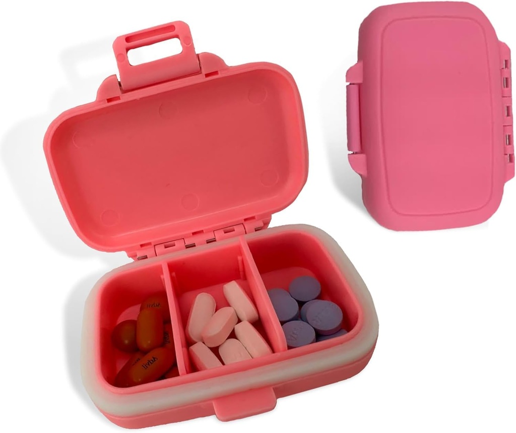 Organisateur de pilules de voyage - Cas de pilules étanches et durables Taille de voyage avec 3 compartiments - Cas de pilules compactes pour les vitamines, suppléments, médicaments - Conteneur de pilules de voyage pour la purée (Pink)