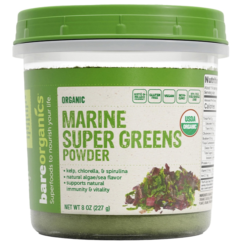 BareOrganics Marine Super Greens Powder – USDA Organic, Vegan, Glutenfrei, Non-GMO, BPA-frei, Superfood Pulver mit Bio Kelp, Spirulina & Chlorella - 8 oz