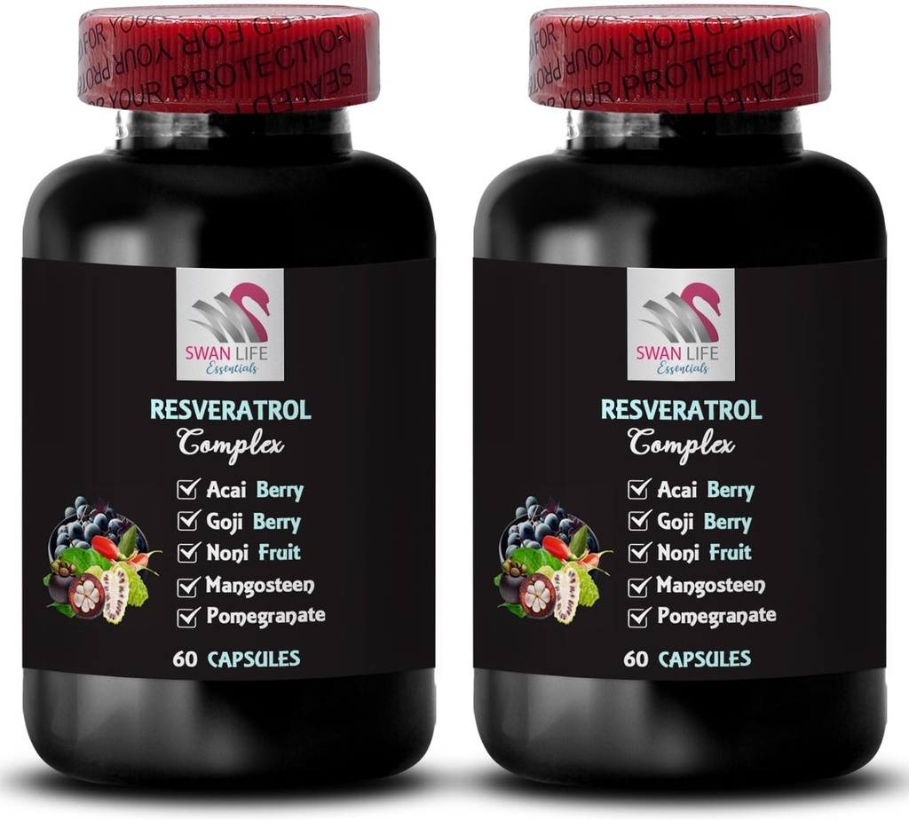 Ernährungsunterstützung - RESVERATROL COMPLEX - Berry Benefits, Daily Boost, Pomegranate Energy, Flavorful Boost, Active Lifestyle, Goji Berry Support, Noni Power, Hydration Factor 2 Flaschen 120 Caps