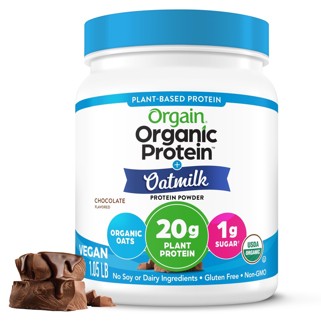Orgain Organic Vegan Protein Pulver + Hafermilch, Schokolade - 20g Pflanzen basiertes Protein, Glutenfrei, Keine Milch, Soja oder Lactose Zutaten, Niedriger Zucker, Non-GMO, Kosher, Für Shakes & Smoothies - 1.05lb