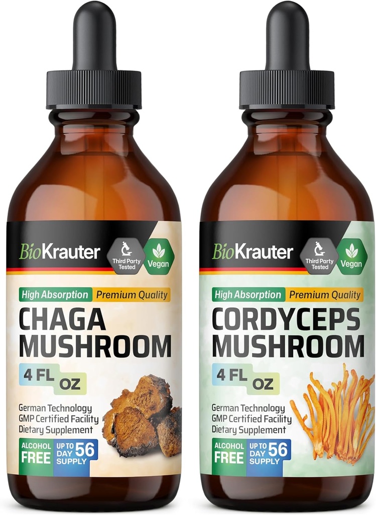 BIO KRAUTER Chaga Pilz Tinktur 4 Fl. Oz. & Cordyceps Pilz Tinktur 4 Fl. Oz.