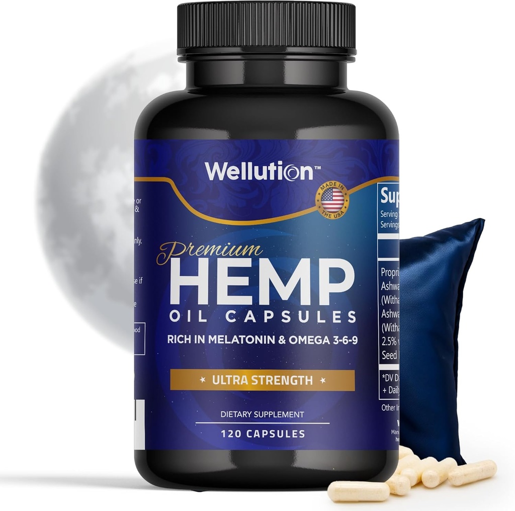 WELLUTION Hemp Oil Capsules - 120 Count - Stress & Sleep Support with Ashwagandha & Melatonin - Made in Italy