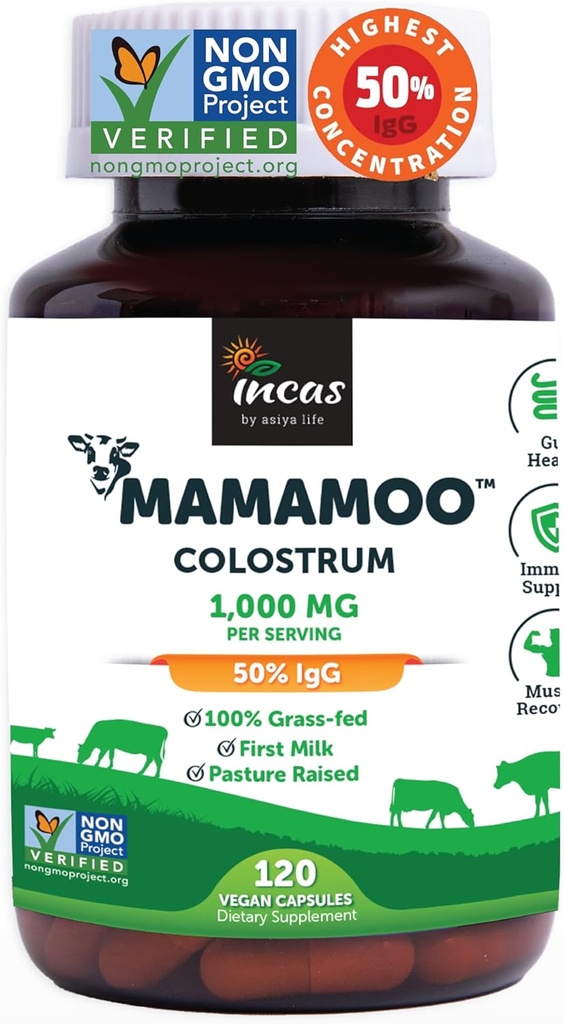 MamaMooTM Colostrum Powder >50% IgG, Grass Fed, First Non OGM Verified Colostrum, Gut Health Bloating Immunity Skin & Hair, Contiene 400+ Nutrienti Bioattivi, Laboratorio di terze parti Testato (120 capsule)