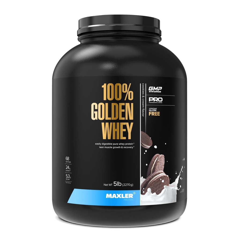 Maxler 100% Golden Whey Protein - 24g di Proteine per Serving - Polvere Premium Whey Protein per Pre Post Workout - Concentrato di Whey Fast-Absorbing, Isolate & Hydrolysate Blend - Cookies & Cream 5 lb