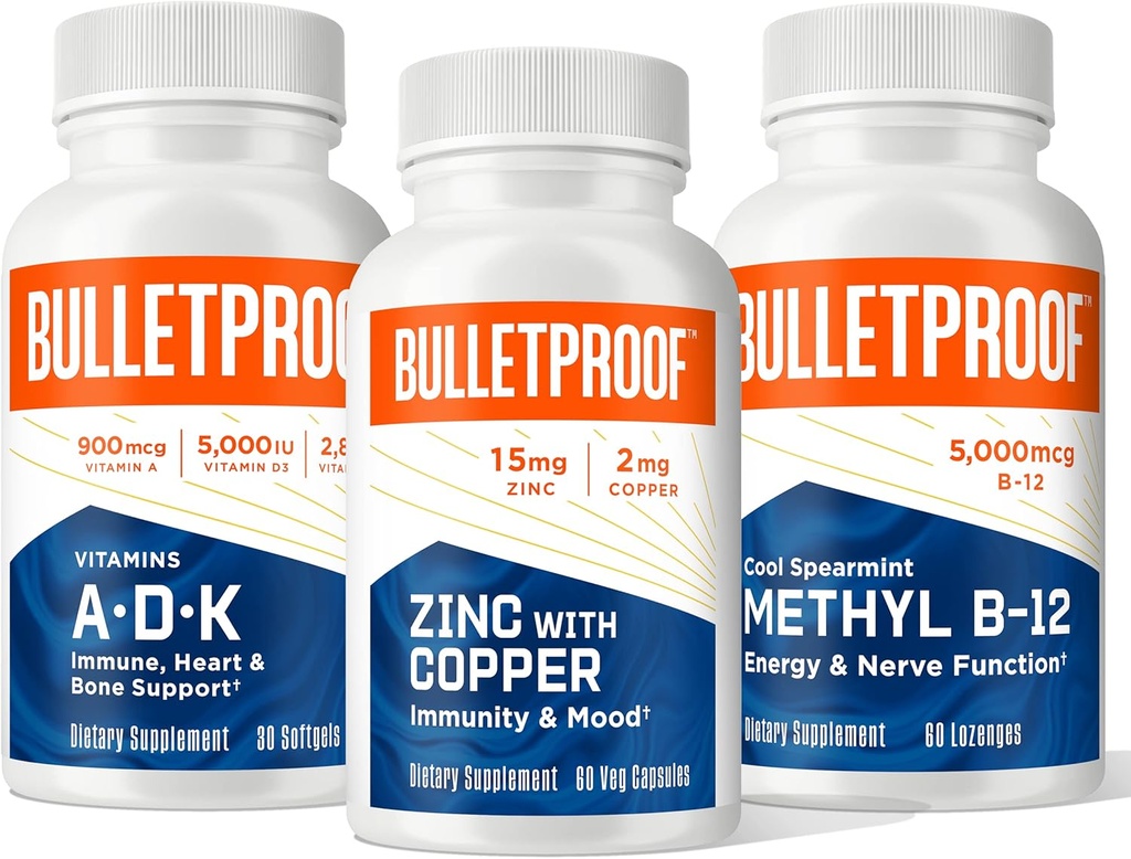 Bulletproof Triple Threat Strength Bundle, Vitamine A-D-K, 30 Softgels, Zink mit Kupfer, 60 Kapseln, Methyl B-12, Spearmint Flavor, 60 Lozenges