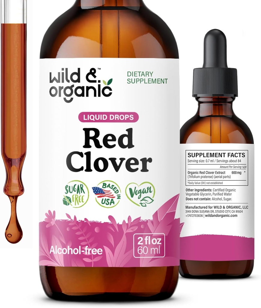 Extraits de trèfle rouge sauvage et biologique - Suppléments de ménopause pour femmes - 600 mg Teinture de trèfle rouge liquide - 1 mois d'approvisionnement - Blossom de Pratense Trifolium - sans sucre et sans alcool - 2 oz